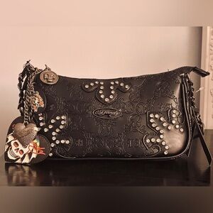 Ed Hardy Black Skull Shoulder Bag w Crossbody Strap, Charms and Rhinestones NWT